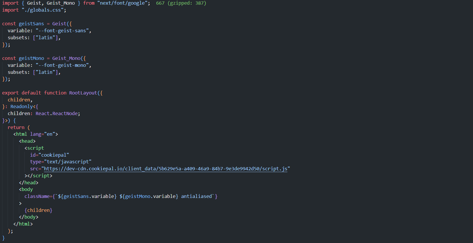 Insert Script: Copy the snippet from your dashboard and paste it into the <head> element of your Next.js root layout.