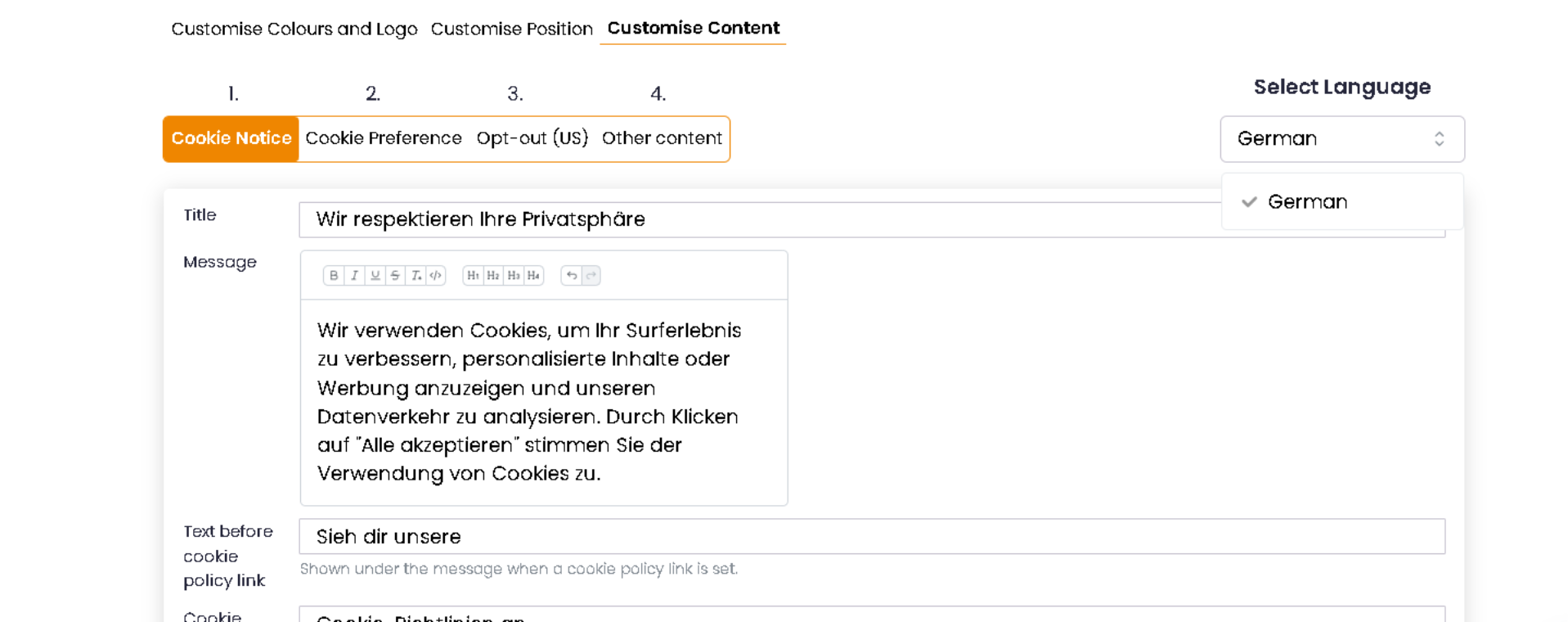 1. Abra a página "Customizar" no menu lateral e vá para a aba "Personalizar conteúdo".[:br]2. Use a lista "Selecionar idioma" para escolher o idioma que deseja editar. Ela mostra os seus idiomas disponíveis.[:br]3. Edite os textos nas abas "Aviso de Cookies", "Painel de Cookies", "Exclusão (EUA)" e "Outros conteúdos" e salve. Cada idioma mantém seus próprios textos, incluindo o aviso de exclusão, o link "Não vender" e a caixa de diálogo de exclusão mostrados aos visitantes dos EUA. A aba "Exclusão (EUA)" só aparece quando seu banner atende visitantes dos EUA, e "Outros conteúdos" só quando o bloqueio de iframes está ativado.