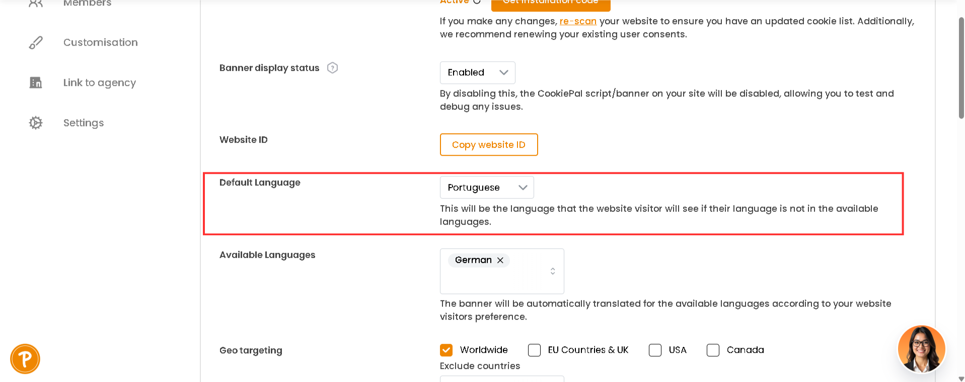 1. Na aba "Banner" da página Ajustes, abra a lista "Idioma padrão".[:br]2. Escolha o idioma que os visitantes devem ver quando o idioma do navegador não estiver entre os seus idiomas disponíveis. Se ele ainda não estiver em "Idiomas disponíveis", será adicionado automaticamente.