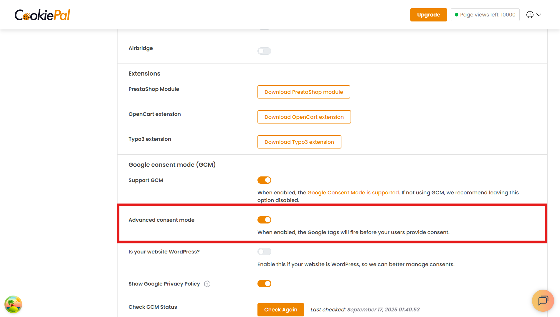 2. Select the "Advanced consent mode" option.