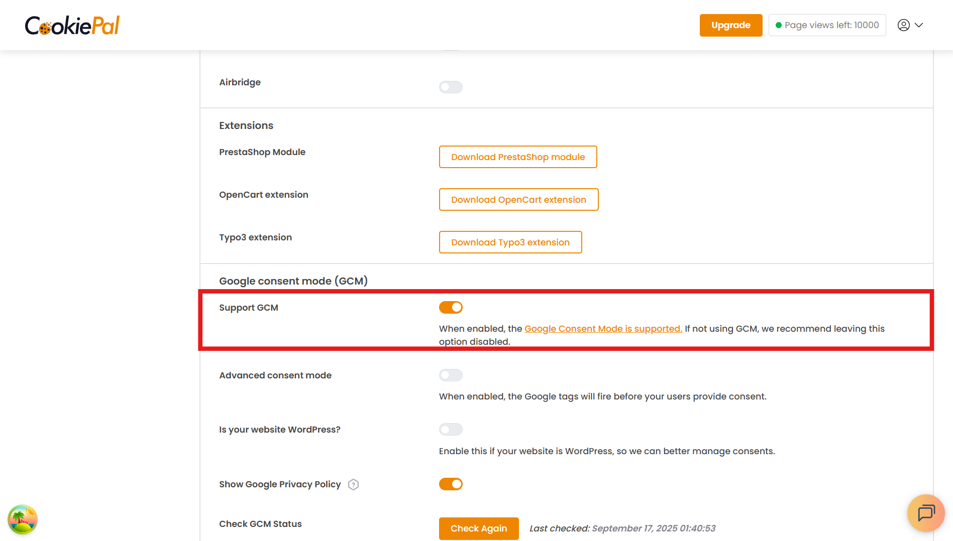 If you want to use Google Consent Mode (GCM), you need to activate it in the Settings section of the CookiePal dashboard.