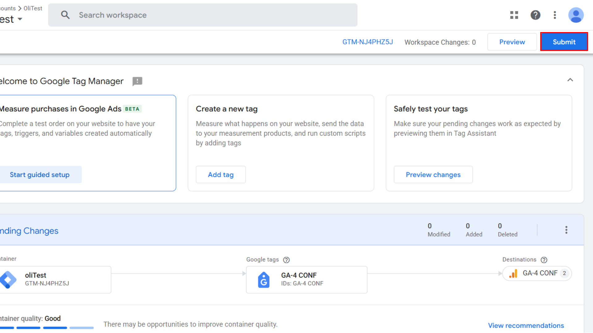 2. Abra seu contêiner do Google Tag Manager no modo [Visualizar:bold] para iniciar uma sessão do Tag Assistant.