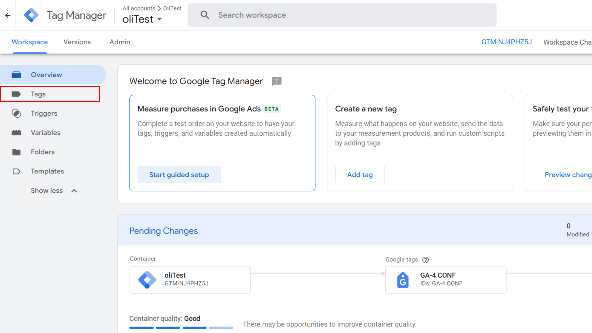 1. No Google Tag Manager, abra [Espaço de trabalho:bold] > [Tags:bold].