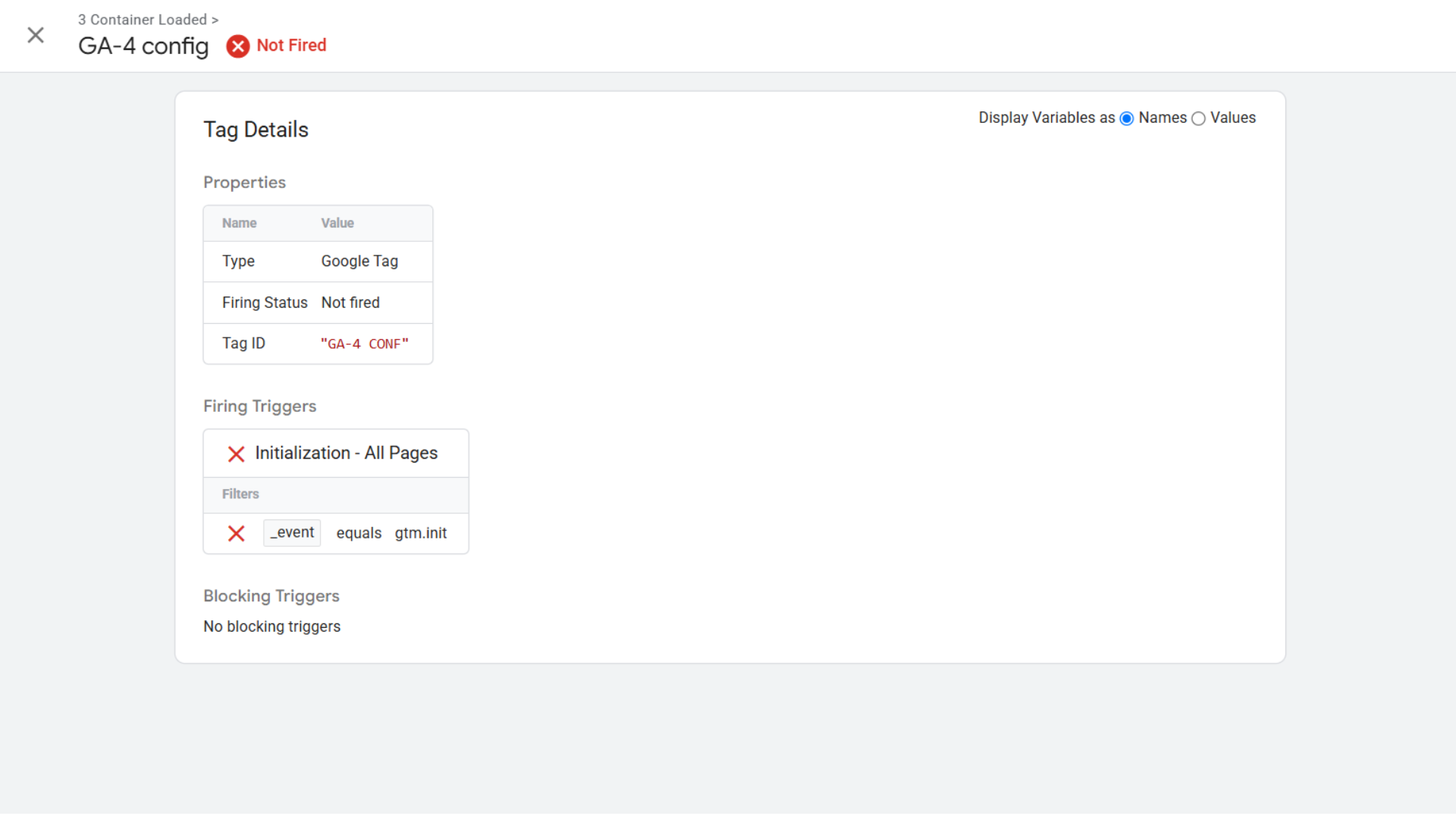 5. Se a tag estiver listada em [Tags não disparadas:bold] e mostrar um tipo de consentimento adicional obrigatório, como `analytics_storage` ou `ad_storage`, este guia se aplica.