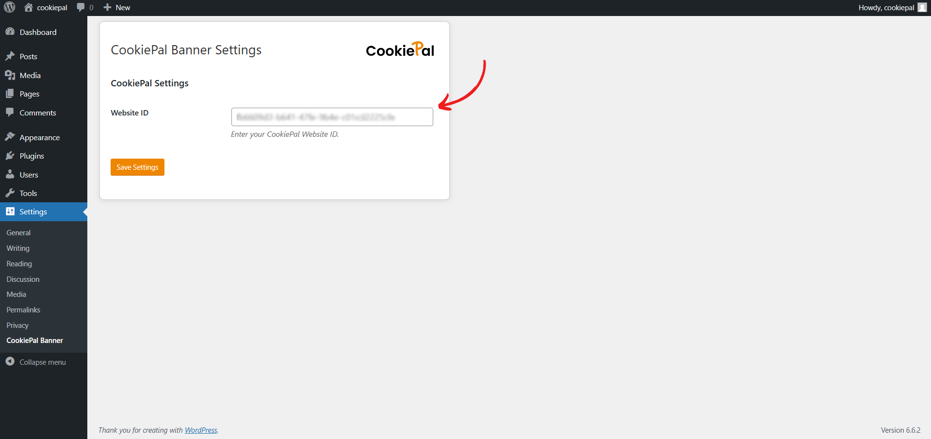 Enter Website ID: Input your website ID provided by CookiePal.